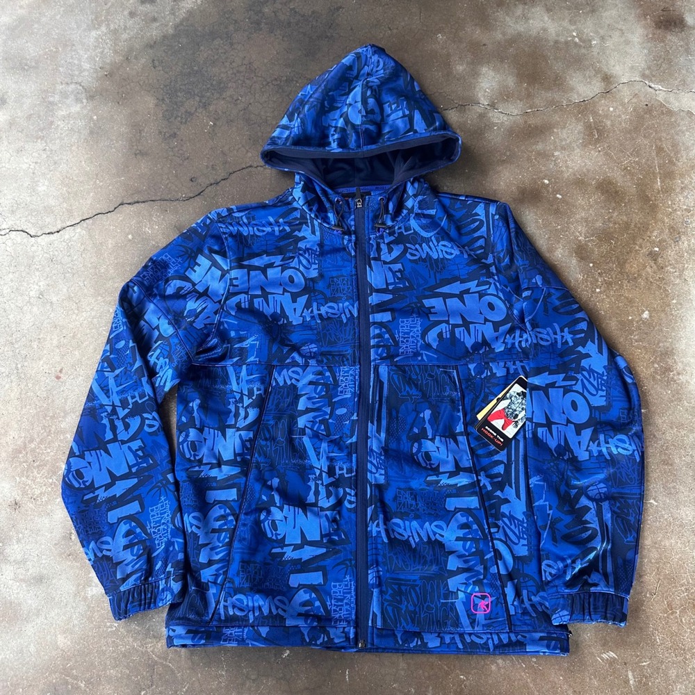 AND1 Jumpshot Jacket Men M Blue NWT Graffiti Print Full Zip Hoodie Basketball